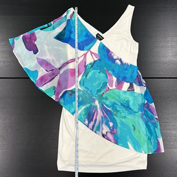 Bebe White Mini Dress with One Shoulder Asymmetric Sheer Printed Draped Cover -M - Picture 7 of 8